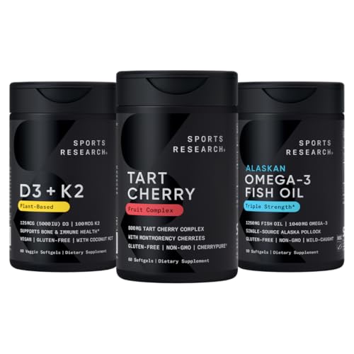 Športne raziskave ® Multivitaminski paket w/CherryPure® Tart Češnjev sadni kompleks 800mg, vitamin D3 5000iu + K2 100mcg, in Aljaska Omega-3 ribje olje 1250mg - Non-GMO · Sladkor-free · Gluten-free