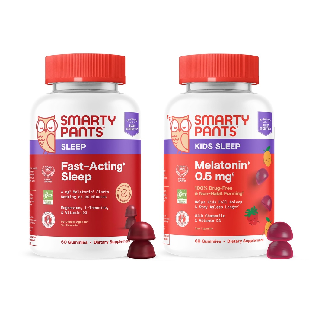SmartyPants Sleep Gummies Družinski paket: Podpora odraslim in otrokom Sleep Support z Melatoninom – Brez drog, nenavadno oblikovanje, sadje aromatizirano, 60 Število (Pack of 2)