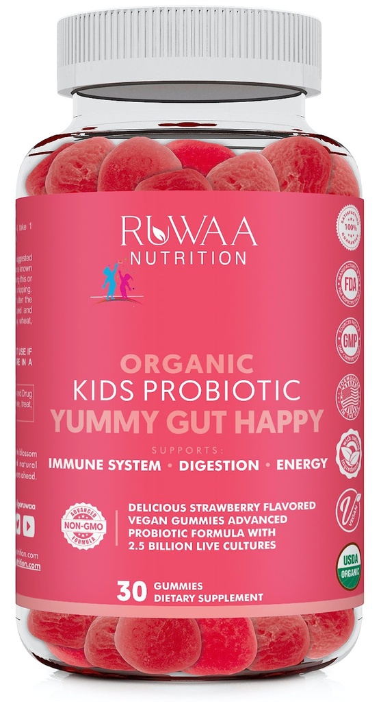 RUWAA HRANLJENJE Otroci Organic Probiotic Gumies za digestivno zdravje, Imunska podpora, zaprtje, napenjanje. 2.5 milijarda CFU, aroma jagode, žvečljivi probiotiki za otroke v starosti 4+, 30 cm (1)