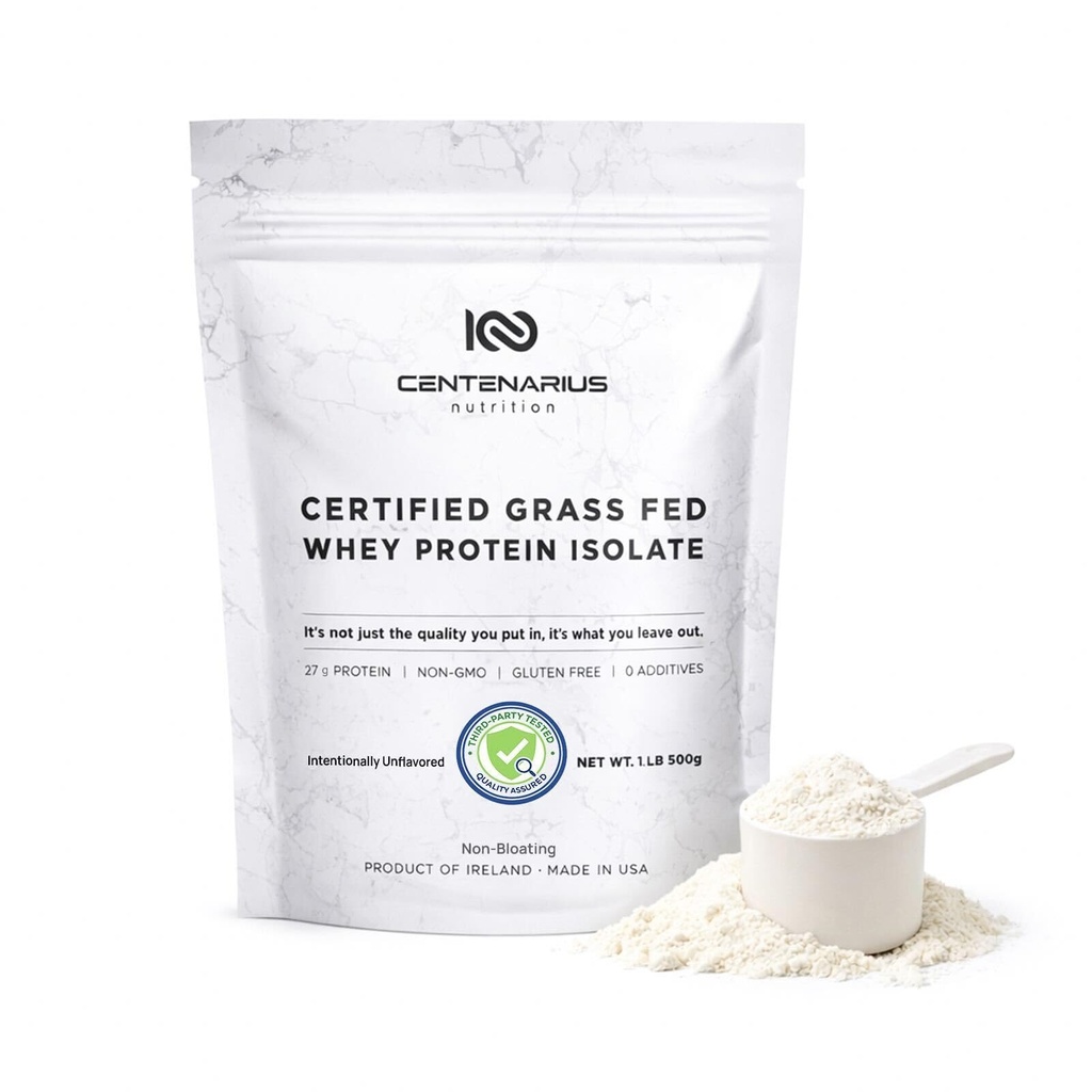 Centenarius Nutrition Grass Fed Whey Protein Unflavored Powder 500g z naravnimi aminokislinami za optimalno rast mišic, regeneracijo in učinkovitost - hladno izlit, brez dodatkov ali hormonov