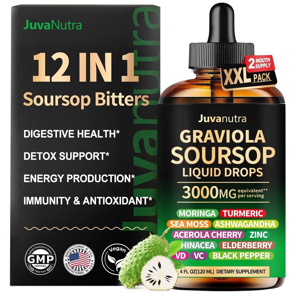 (4 Fl Oz) Soursop Bitters tekoče kapljice 12 v 1 z morsko moss, Moringa, Kurkuma, Echinacea & Ashwagandha ekstrakt - zeliščni tonik za prebavno Wellness & Imunska podpora
