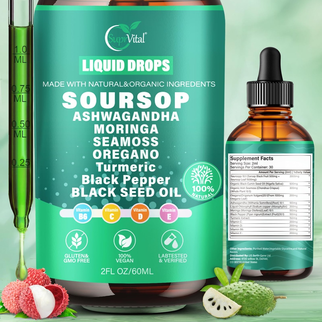 12-v-1 Soursop Bitters tekoče kapljice 2000mg, Soursop kapljice z Ashwagandha, črno olje semena, Moringa, Glej Moss za naravni antioksidant, Podpora celic in regeneracija, Imune Boost, bogata z vitaminom D& C