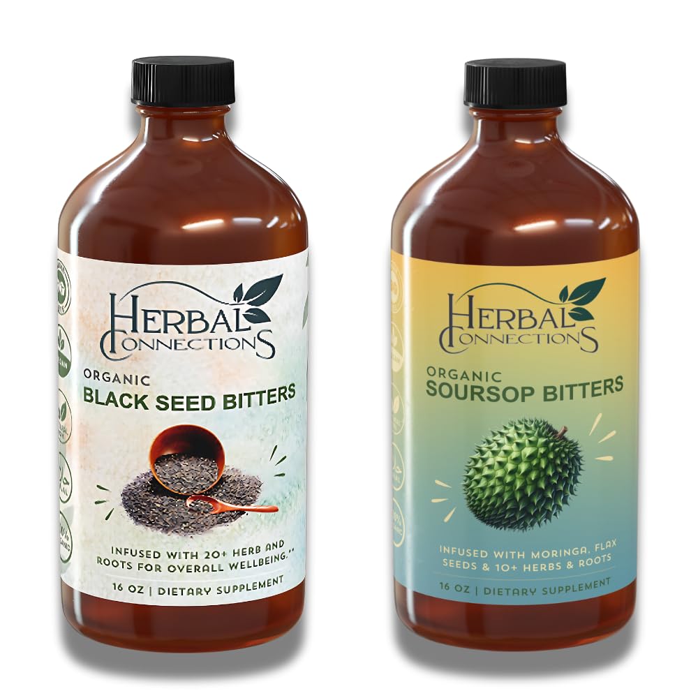 Zeliščne povezave Organic Soursop & Black Seed Bitters Buttle - Naravne rastlinsko-na osnovi sestavin za nežen detox & Prebavne zdravje dve steklenici, 32 Ounces (16 Ounces vsak), 64 Servings