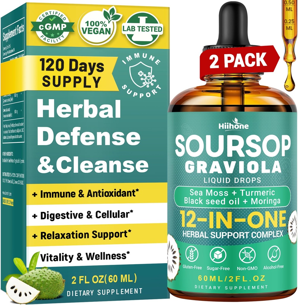 HIIHONE (2 paket) 12 v 1 Soursop Bitters tekoče kapljice z morskim mossom, črno seme olje, Moringa za podporo celic in regeneracijo, Immuniteta, jetra, Gut & Antioksidant - 2 Fl Oz