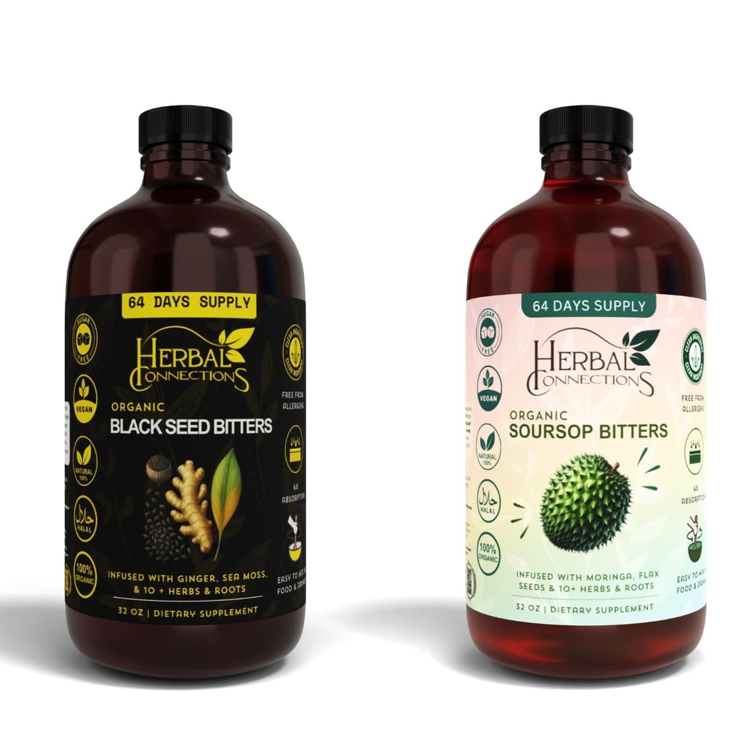 Black Seed & Soursop Bitters Bundle – 2 x 32 oz Steklenice - 64-dnevna dobava – Veganski organski zeliščni tonik za prebavno zdravje in splošno wellness – Brez sladkorja, Made in USA.