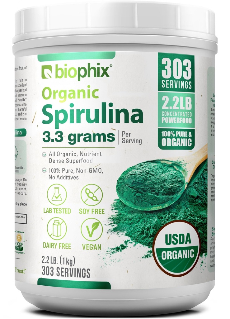 Biophix Organic Spirulina Prašek, 2.2 Lbs 100% Pure Spirulina Blue Green Algae Prašek, Vegan, Ne-GSO, Neobsevano, USDA Certified, Najboljši protein Superfood
