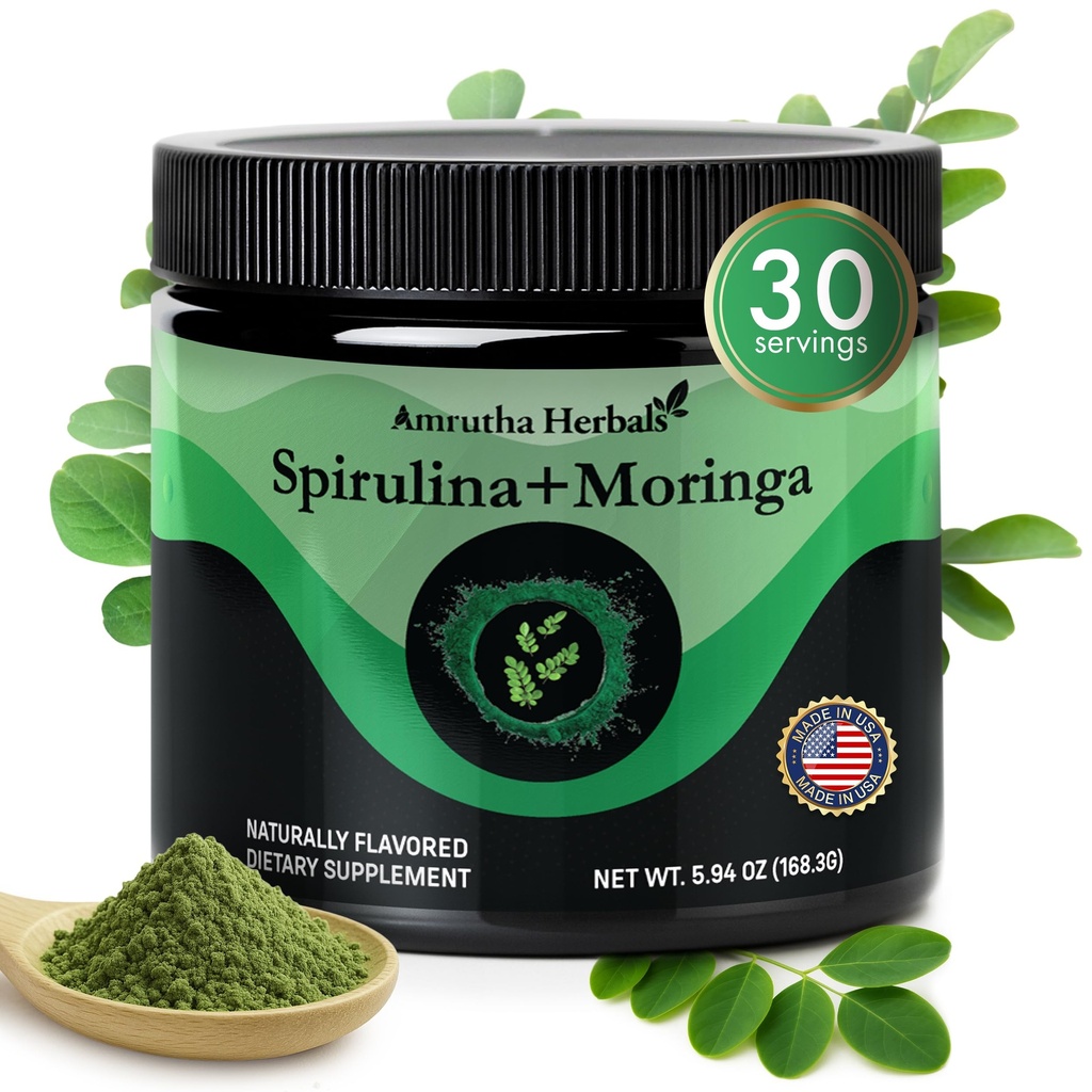 Organic Spirulina + Organic Moringa Greens Powder, Gluten-free, Vegan prijazno, Detox & Digest, Superfoods 30 Servings Made in USA