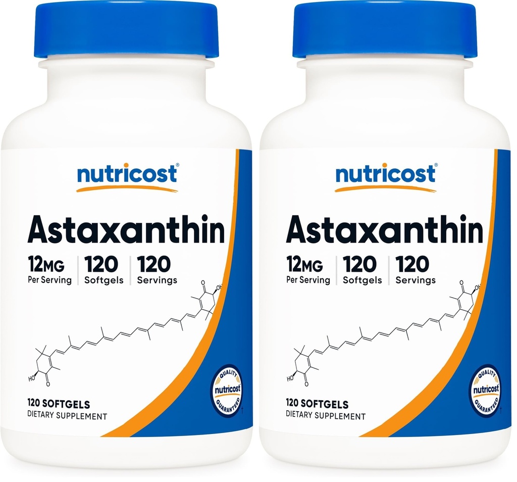 Nutricost Astaksantin 12mg, brez GMO in glutena, 120 softgels (4 mesec dobave) (paket z 2)