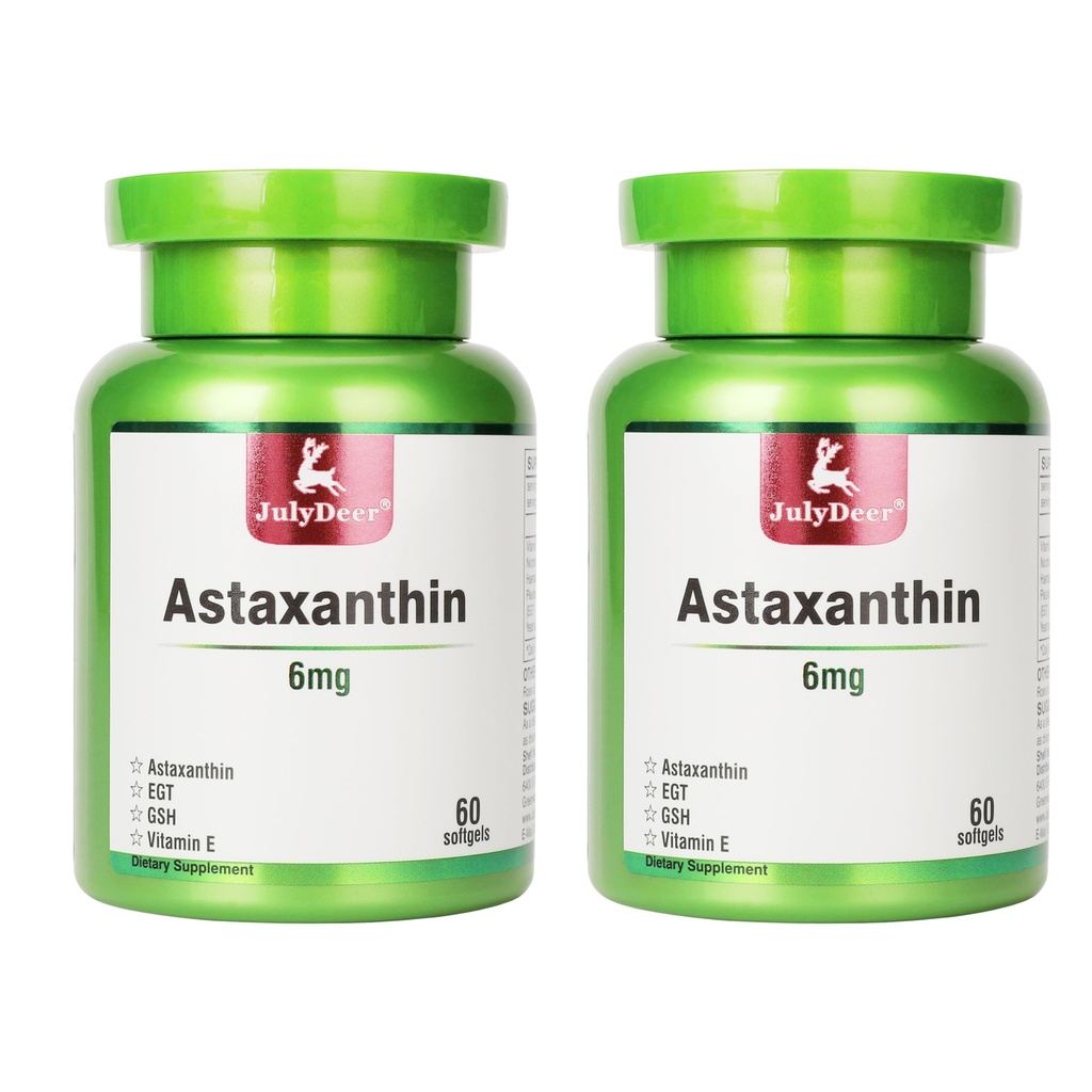 JulyDeer 2 steklenice Astaksantin 6 mg z nikotinamidom E Premium antioksidant dodatek EGT GSH - za kožo, oči, skupno in imunski sistem zdravje celic in energije 