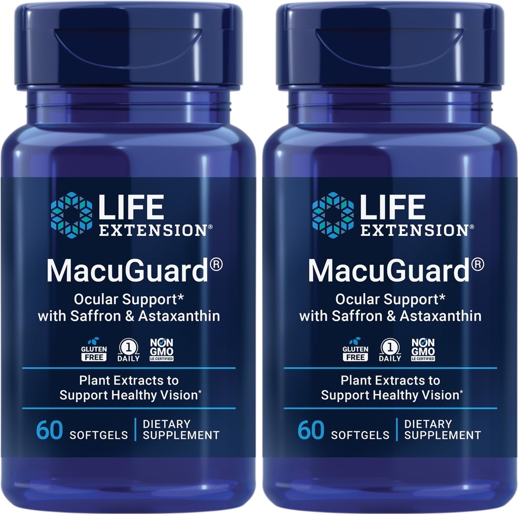 Life Extension MacuGuard Okular Support with Saffron & Astaksantin – Eye Health Supplement for Health Vision – z Luteinom, zeaksantinom, Mezo-zeaksantinom – Gluten-free, Non-GMO – 60 kapsul