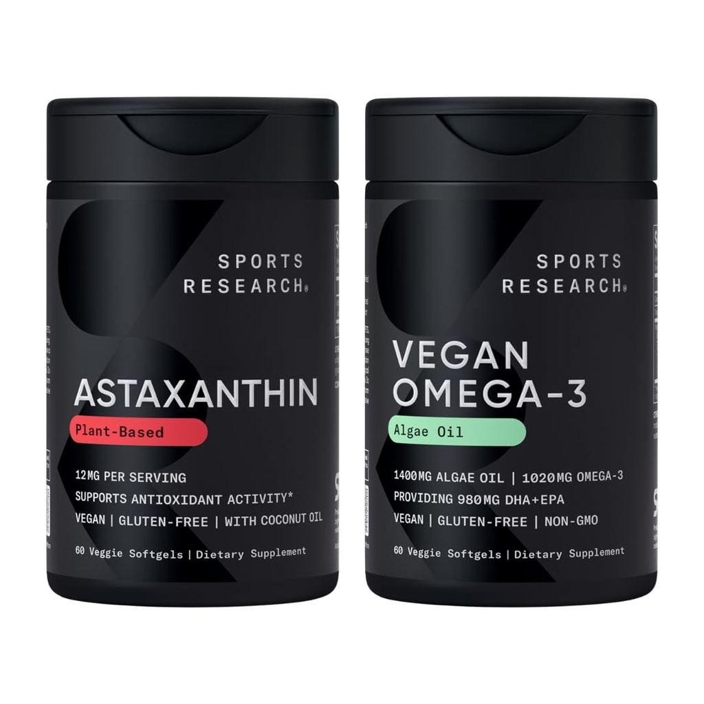 Športne raziskave ® Vegan Antioksidant Podporni paket - Omega-3 Algae olje in rastlinsko osnovan astaksantin Mehčalci za antioksidant dejavnost, zdravje kože in oči (60 Veggie Softgels vsak)
