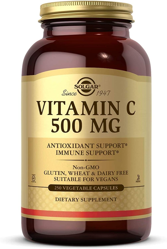 Solgar Vitamin C 500 mg, 250 Vrtnine Kapsule - Antioksidant in Imunska podpora - Splošno zdravje - Podpira zdrave kože in sklepov - Ne-GMO, Vegan, Gluten Free, Košir - 250 Služabniki