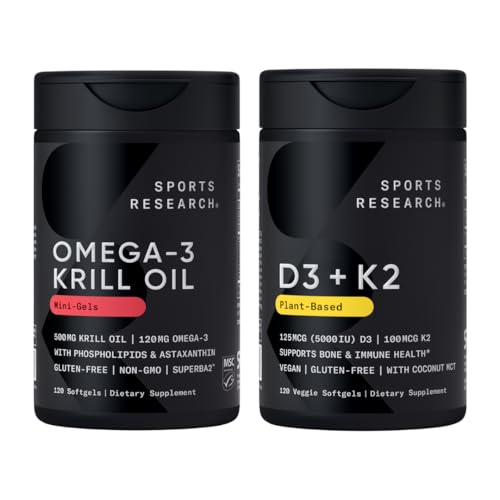 Sports Research® Multivitaminski paket - Omega-3 Krill Oil 500mg w/Cholin, fosfolipidi in astaksantin ter vitamin K2 & Vegan D3 5000iu s kokosovim MCT oljem - Non-GMO · Gluten Free