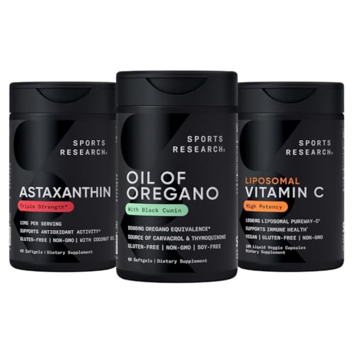 Športne raziskave ® Antioksidant Podporni paket - olje Oregano 9500mg + Trojna moč Astaksantin 12mg + liposomski vitamin C dodatek 1000 mg