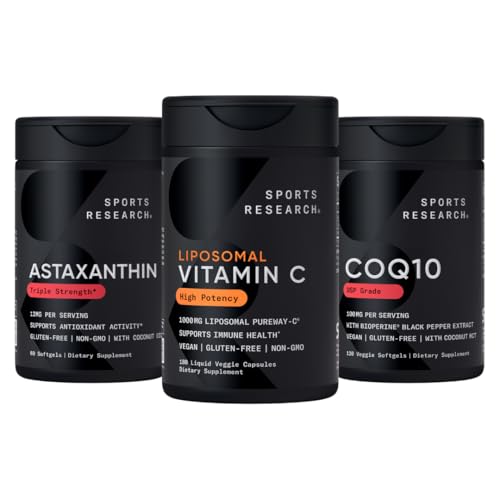 Športne raziskave ® Antioksidant Podporni paket - Visoka moč Liposomski Vitamin C Dodatek 1000mg + Koencim Q10 100mg + Trojna moč Astaksantin 12mg w/Organično kokosovo olje
