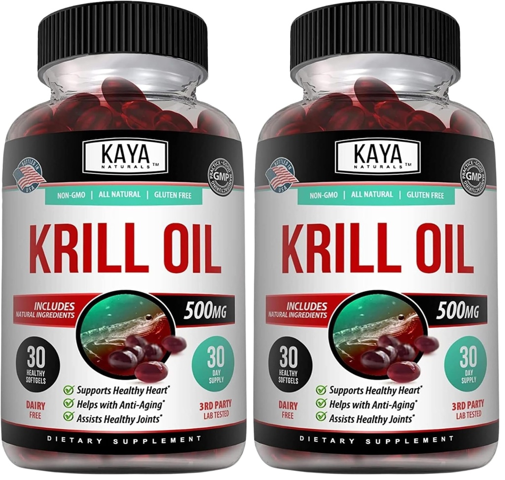 Kaya Naturals - Antarktika Krill Oil 500mg z Omega 3, EPA, DHA, Fosfolipids & Astaksantin Dodatek - Možgani & Zdravje Vitamin - Anti staranje dodatek - 30 Count Softgels (Pack od 2)