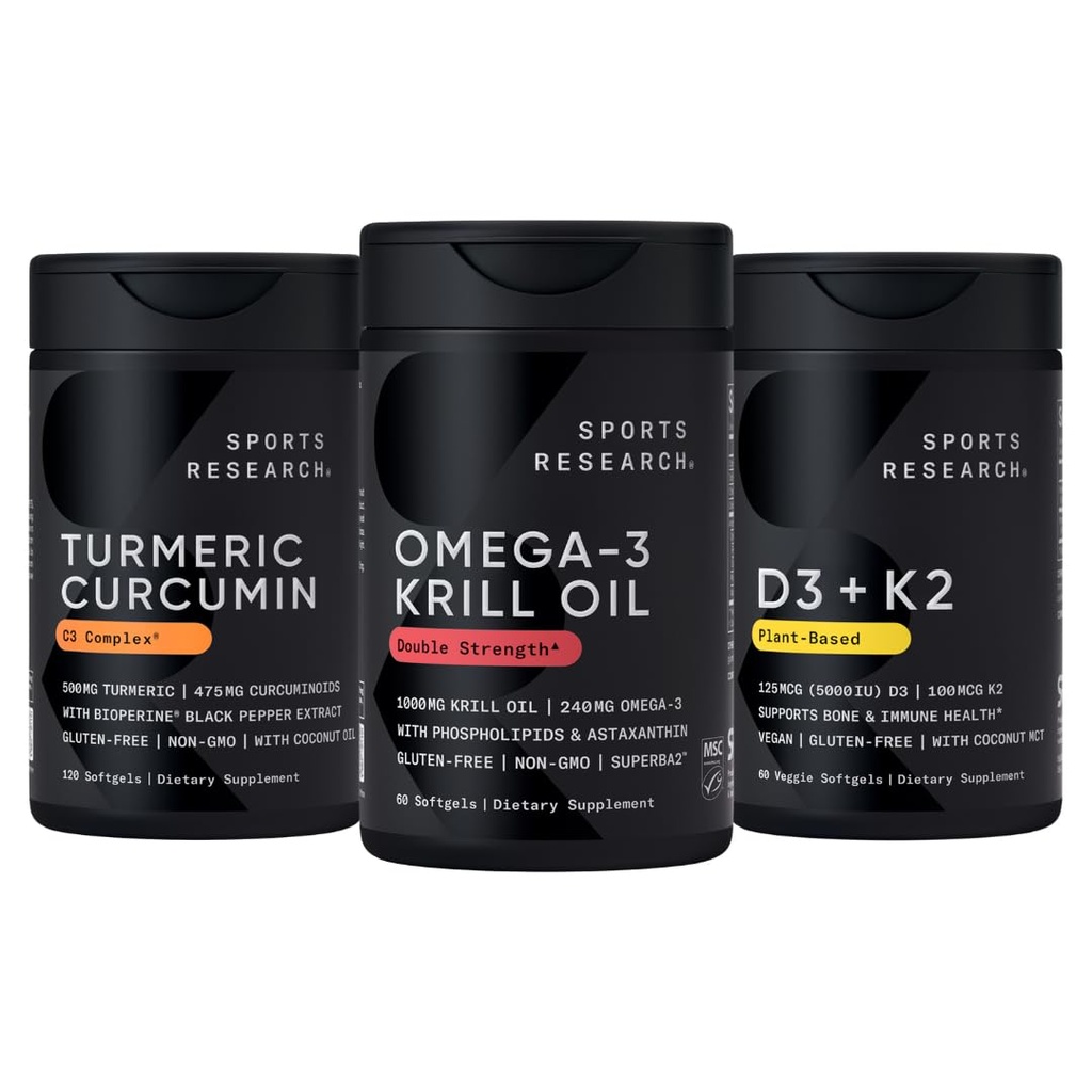 Športne raziskave Antarktika Krill Oil Omega 3 1000mg (s fosfolipidi, holinom in astaksantinom), Kurkumin C3 kompleks (z bioperinom črnim poprom in kokosovim oljem) in vitamin na rastlini D3 + K2