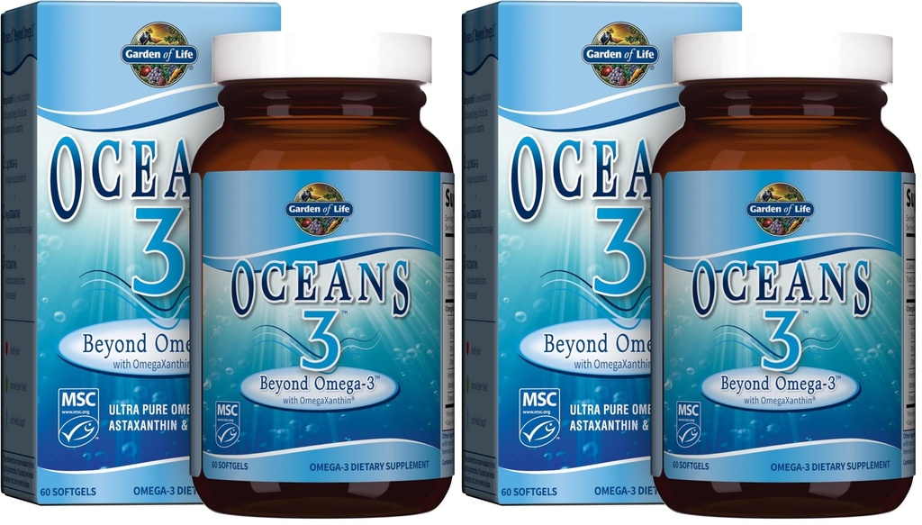 Garden of Life Oceans 3 Beyond Omega-3 z OmegaXantin, EPA, DHA dodatki, ribje olje s 1200 mg Omega 3, Astaksantin & Brown Seaweed Extract - 60 Softgels, (Pack of 2)