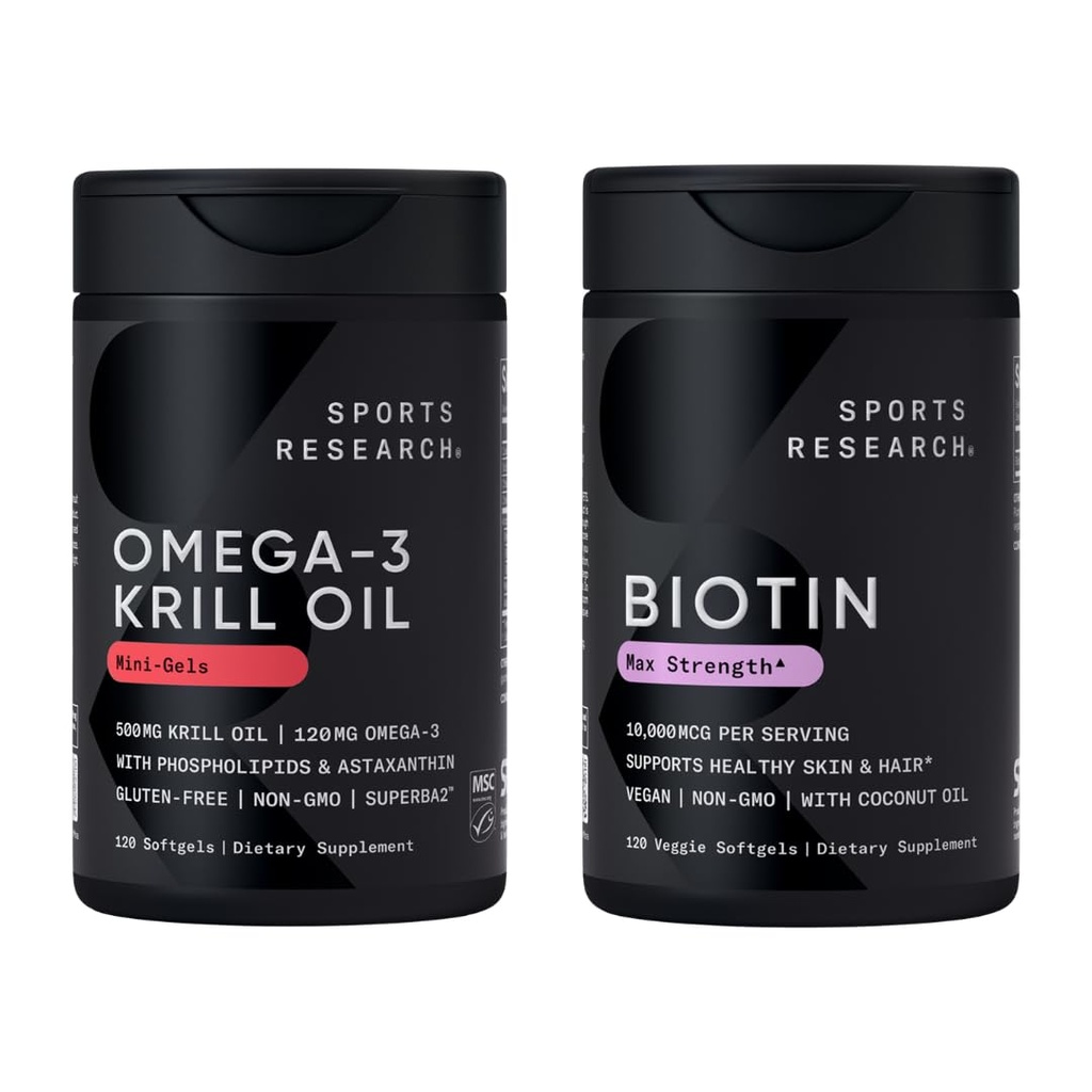 Sports Research® Glow and Flow Pack - Omega-3 Krill Oil 500mg - Pure Antarctic Superba Krill s fosfolipidi, holin & astaksantin & Biotin 10.000mcg z organskim kokosovim oljem (vitamin B7)