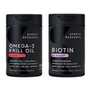 Sports Research® Glow and Flow Pack - Omega-3 Krill Oil 500mg - Pure Antarctic Superba Krill s fosfolipidi, holin & astaksantin & Biotin 10.000mcg z organskim kokosovim oljem (vitamin B7)