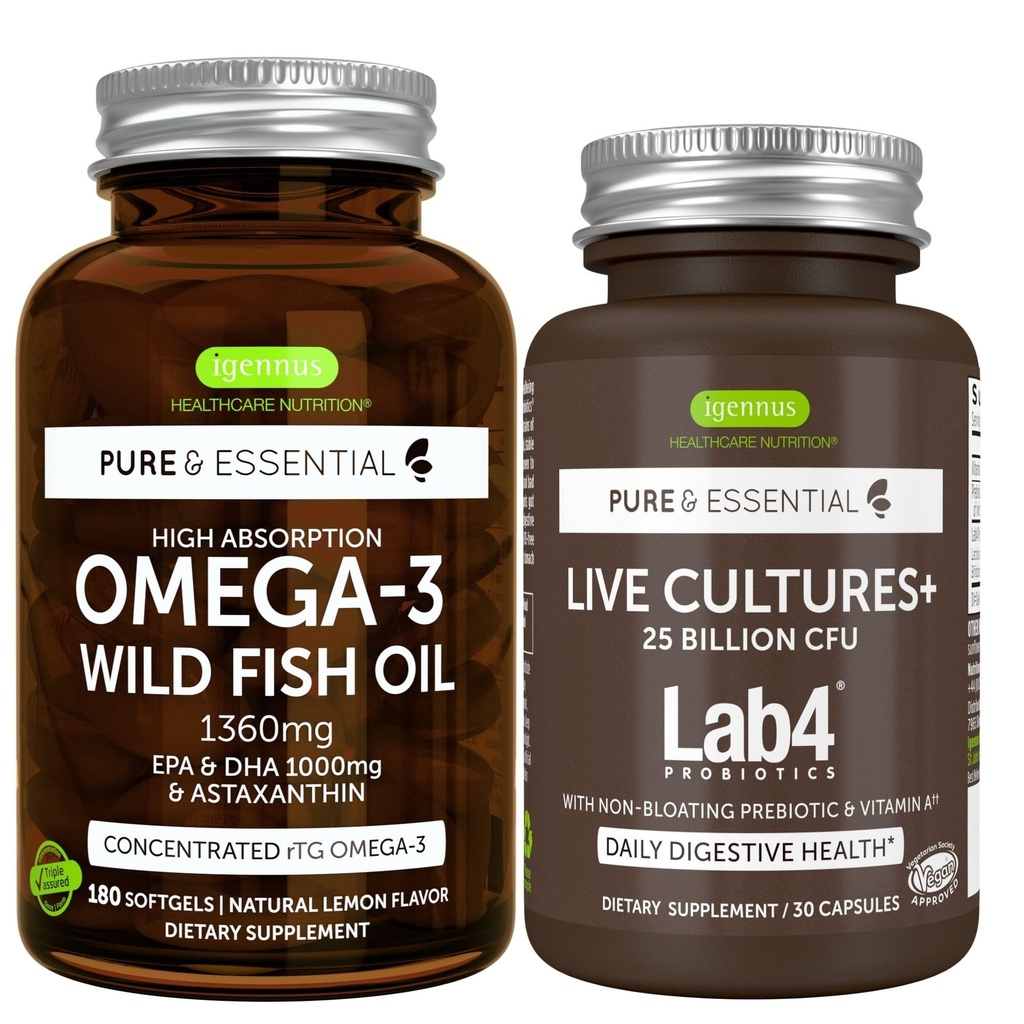 Čista in esencialna visoka absorpcija Omega-3 Divje ribje olje 1360mg + žive kulture+ Lab4 probiotiki Bunde, 1000 mg EPA & DHA z astaksantinom + 25 milijard CFU Lactobacillus Acidofilus & Bifidobacterium wi