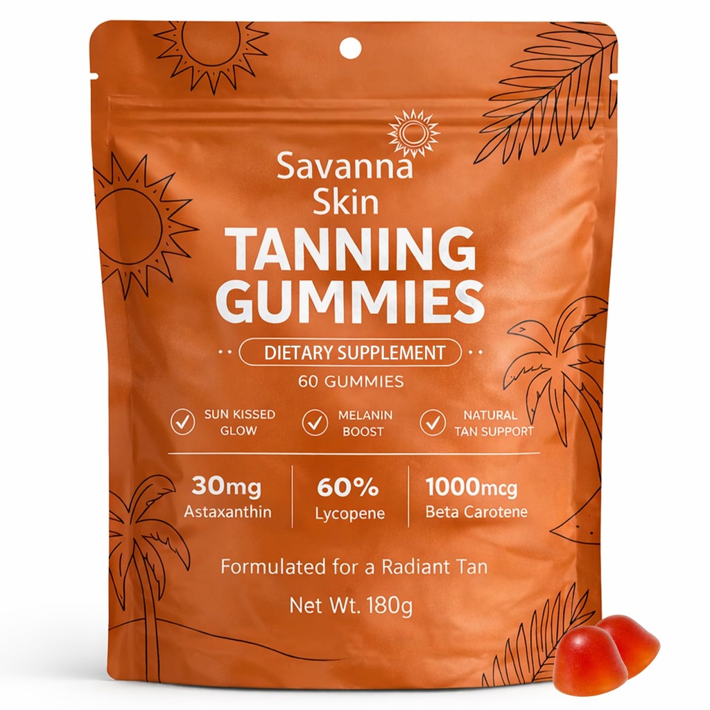 Savanna Skin Tanning Gumies, z vitaminom C & E, astaksantin, beta karoten, kožo Radiance & Hidracija za naravni videz Glow, Bronzing, Non-GMO, Vegan & Sugar Free - 60 Count (1)