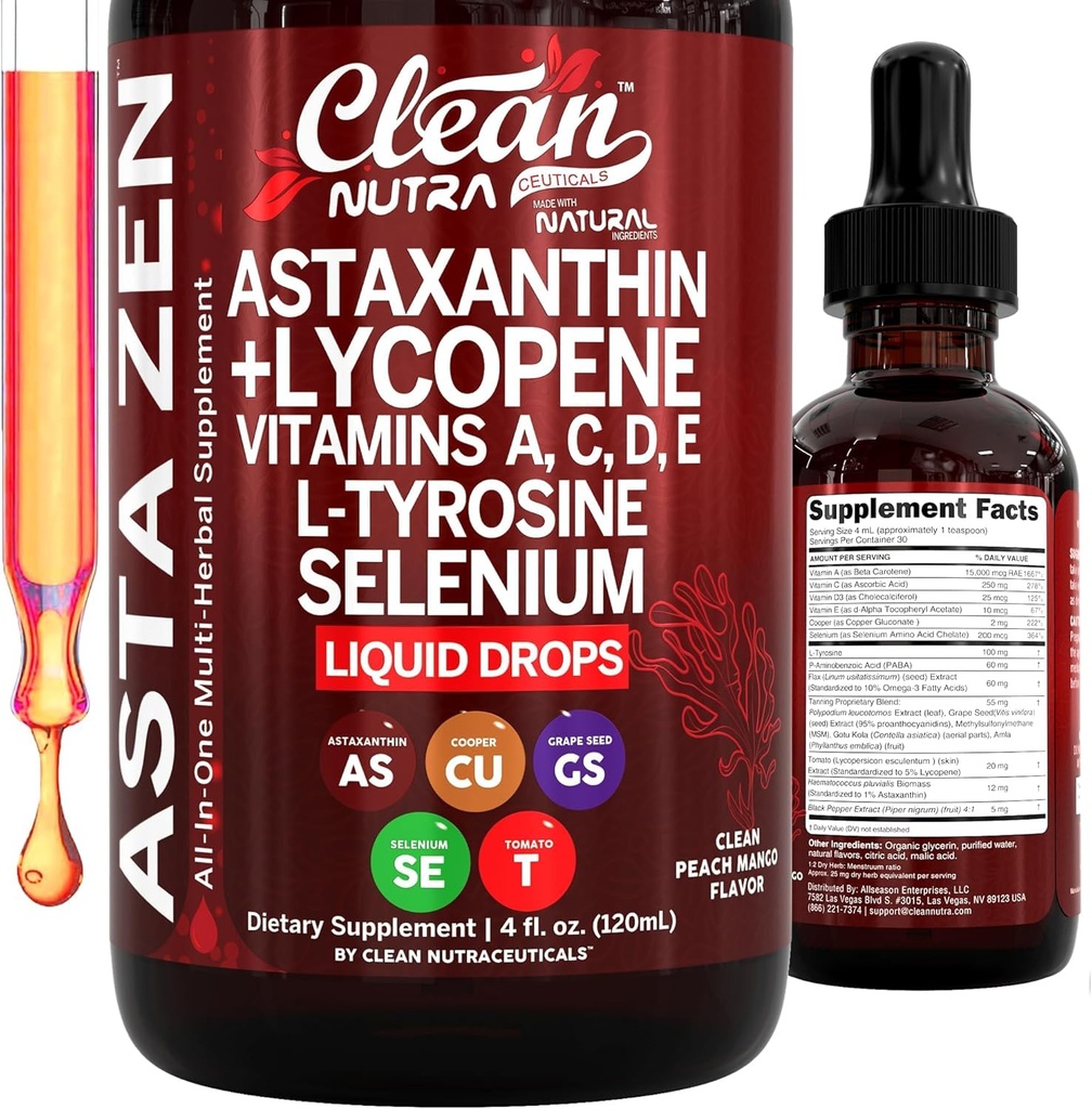 Čisti Nutra Astaksantin Likopen Tekoče kapljice Absorpcija Podpora Vitamini A C D E 4 fl oz – Močni naravni D3 C E & Selen L-tirozin Formula Čisti antioksidant Mešanica Okrepljen vnos hranil