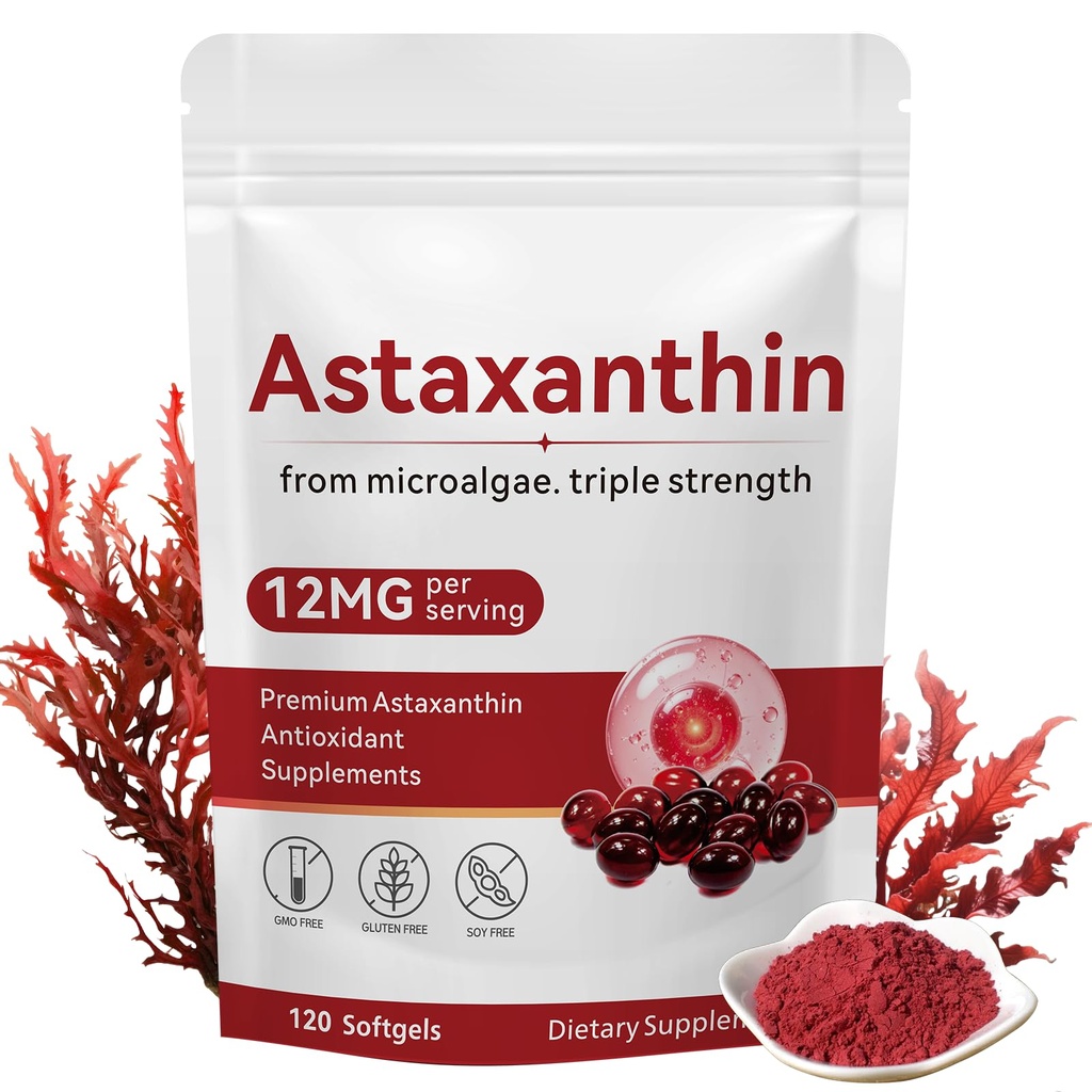 Astaksantin 12mg, 120 Softgels, Premium Astaksantin Antioksidant dodatek podpira oči, zdravje kože, Imunski, Notranji kroženje