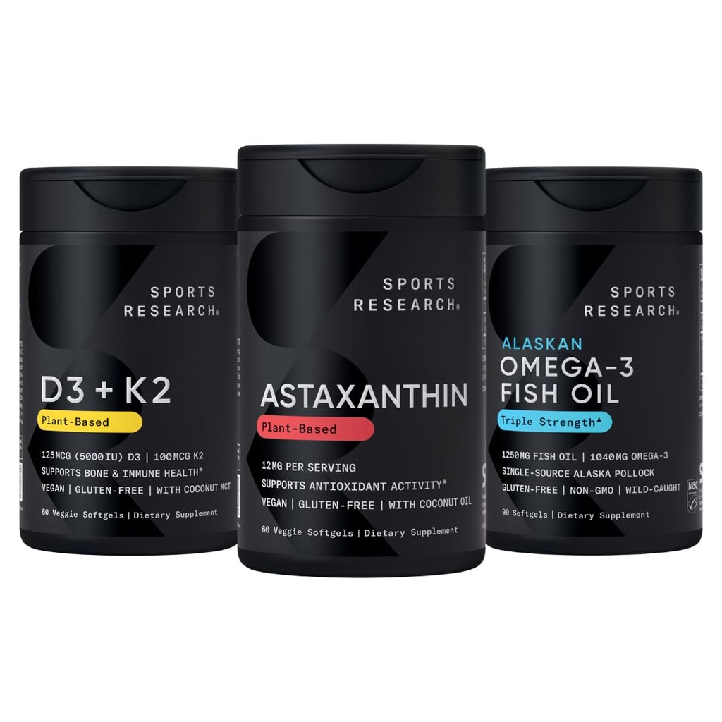 Sports Research® Antioksidant Support Pack w/Triple Jakost Vegan Astaksantin Dodatek iz Algae, Omega-3 ribje olje 1250mg, in vitamin D3 5000iu & Mk7 Vitamin K2 s Coconut MCT Olje