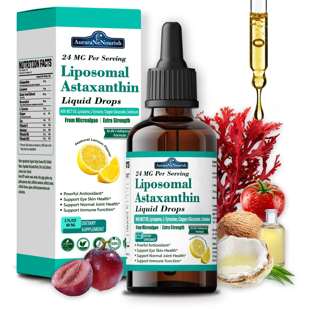 Liposomski astaksantin 24mg Tekoče kapljice, 11-v-1 Antioksidant z MCT oljem, likopen & organsko kokosovo olje, svež vir mikroalg, podpira zdravje kože za ženske in moške, limonine arome