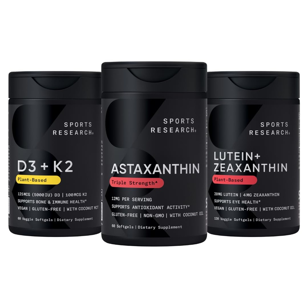 Sports Research® Antioksidant Support Pack w/Astaksantin 12mg, Vitamin D3 5000iu + K2 100mcg, in Lutein 20mg + Zeaksantin 4mg Dodatki - Vegan Certified · Non-GMO · Gluten & Soy Free