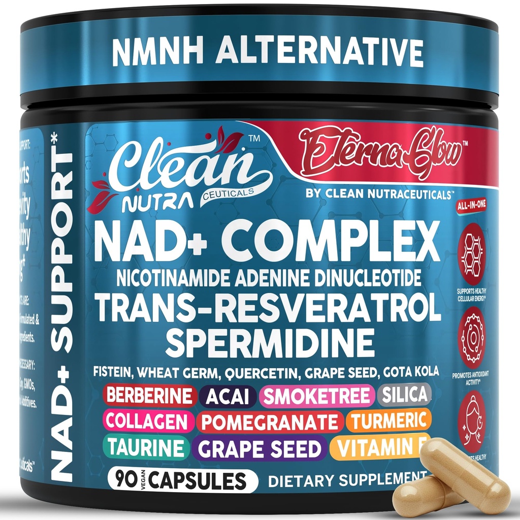 NAD Resveratrol Dodatek Spermidin Fisetin Quercetin Grozdno seme Gotu Kola Berberine Astaksantin Taurin Pomegranat Acai Proti staranju Dolgoživost Kapsule za ženske EternaGlow by Clean Nutra 90ct