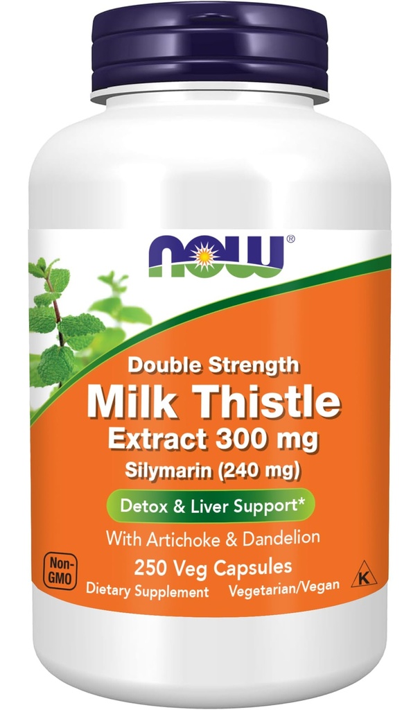 NOW Foods Supplements, Silymarin mleko Thistle Extract 300 mg z Artichoke in Dandelion, dvojna moč, podpira delovanje jeter*, 250 Veg kapsule (1)