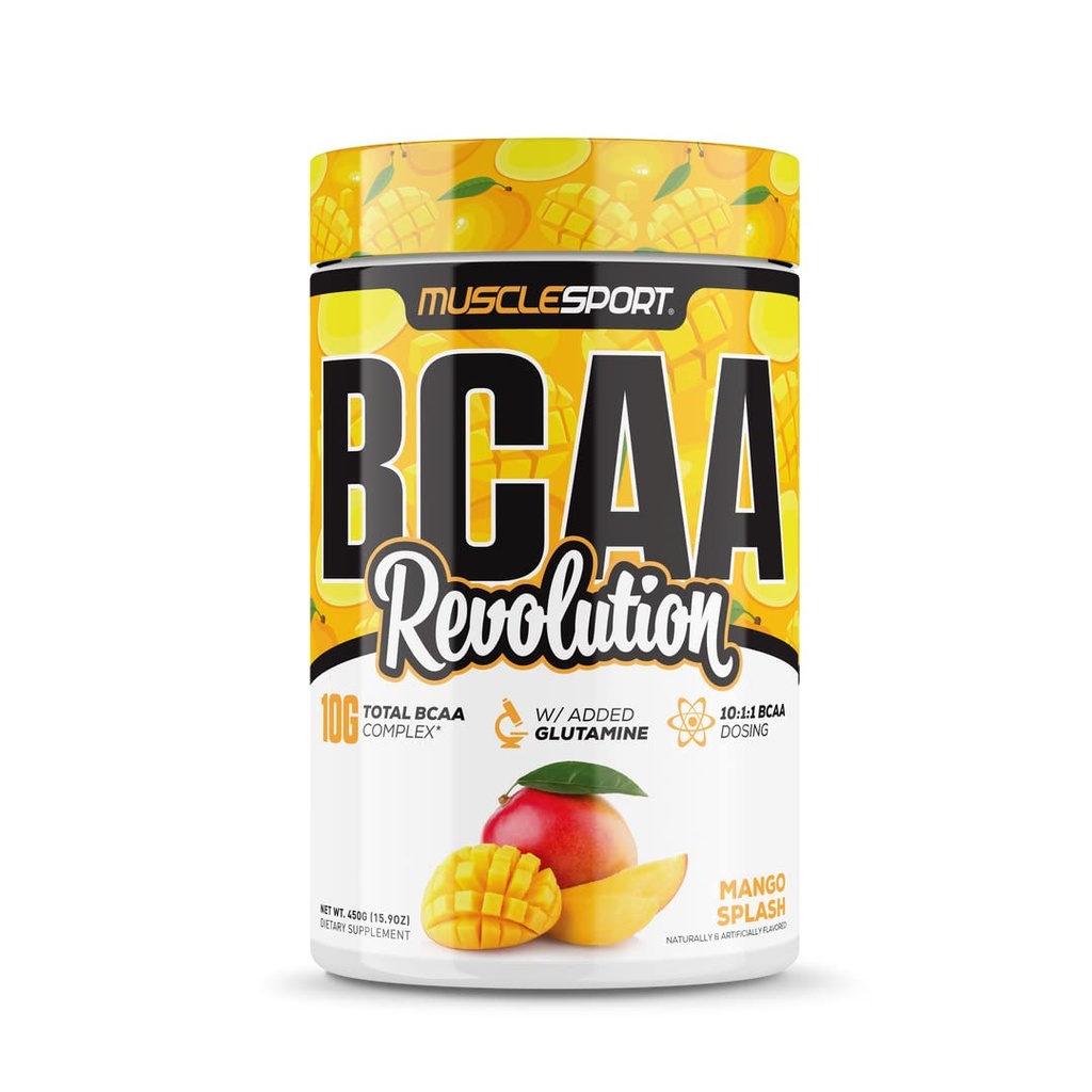 Musclesport BCAA Revolution Aminokisline v prahu dodatek za moške in ženske - Intraworkout usposabljanje kompleks - Recovery dodatek (Mango Splash, 30 Serving)