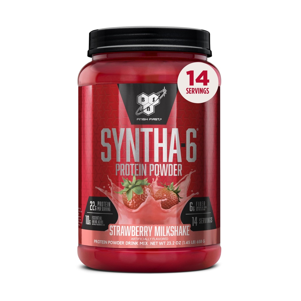 BSN SYNTHA-6 Premium Protein Powder s 6g fiber, sirotkinega izolata, micellarnim kazeinom, izolatom mlečnih beljakovin, 6g maščobe, jagodni mlečni napitek, 14 servingov, 1,45 funta (Packaging May Vary)