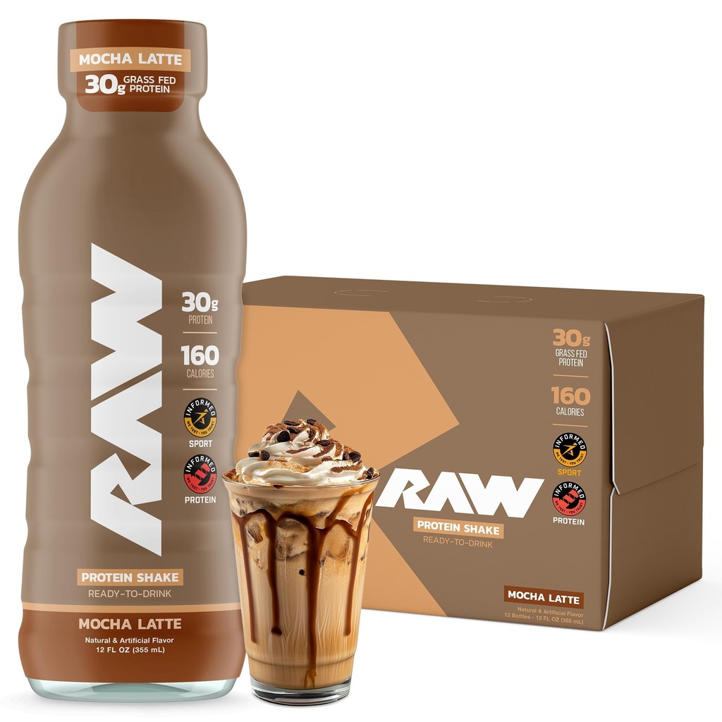 SUROVI stresanje beljakovin, Mocha Latte - RTD Beljakovine Napitki z izolirnim sirotkinim proteinom po treningu - brez sladkorja in brez glutena Nadomestni napitek in zajtrk, 12 Fl Oz