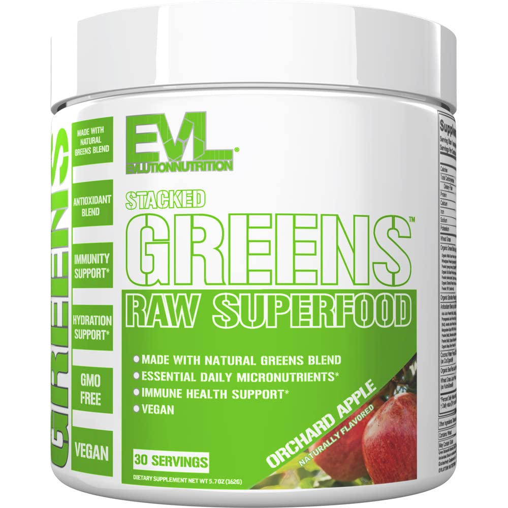 Evolution Nutrition Stacked Greens - Surova Superfood - Narejena z naravno zeleno mešanico + Essential Daily Micronutrients - Immuniteta + Hydration Podpora - Vegan & GSO-free - 30 Serving - Orchard Apple