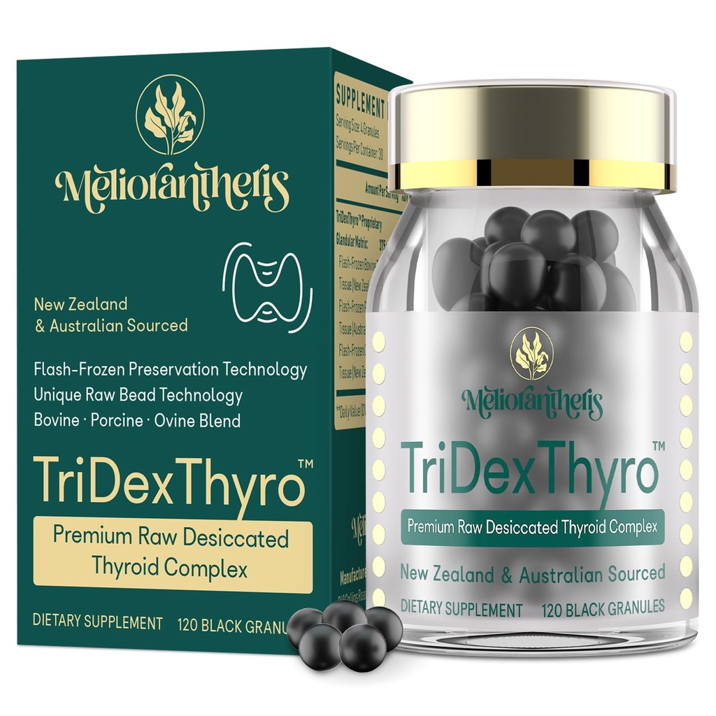 Dodatek za ščitnico – TriDexThyroTM Raw Desiccated Thyroid Complex 375 mg z govedom, prašiči in ovcami –120 Kapsule za ženske in moške(1 pakiranje)