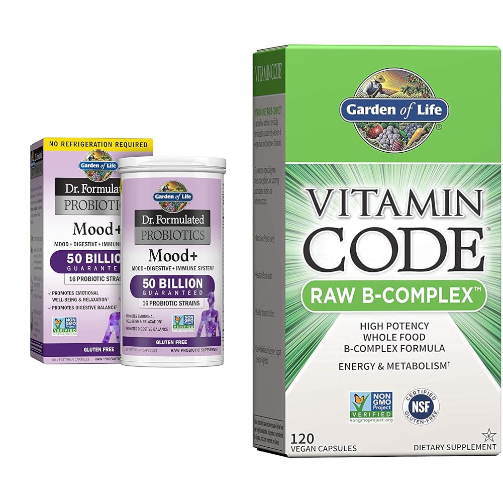 Vrt življenja Dr. Oblikovani probiotiki Mood+ Acidophilus Probiotic dopolnilo & Vitamin B kompleks - Vitaminska koda Surovi B kompleks - 120 Veganske kapsule