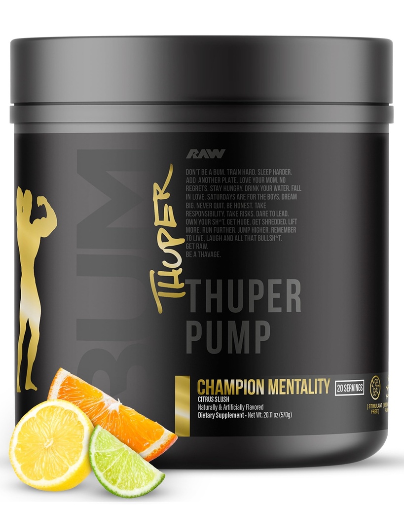 RAW Thuper Pump Stim Free Pre Workout Powder - Kofein-free Pre Workout za Max Muscle Pumps & Strearch Building - Nestimalna Preworkout s Creatine - 20 Serving, Champion Mentality
