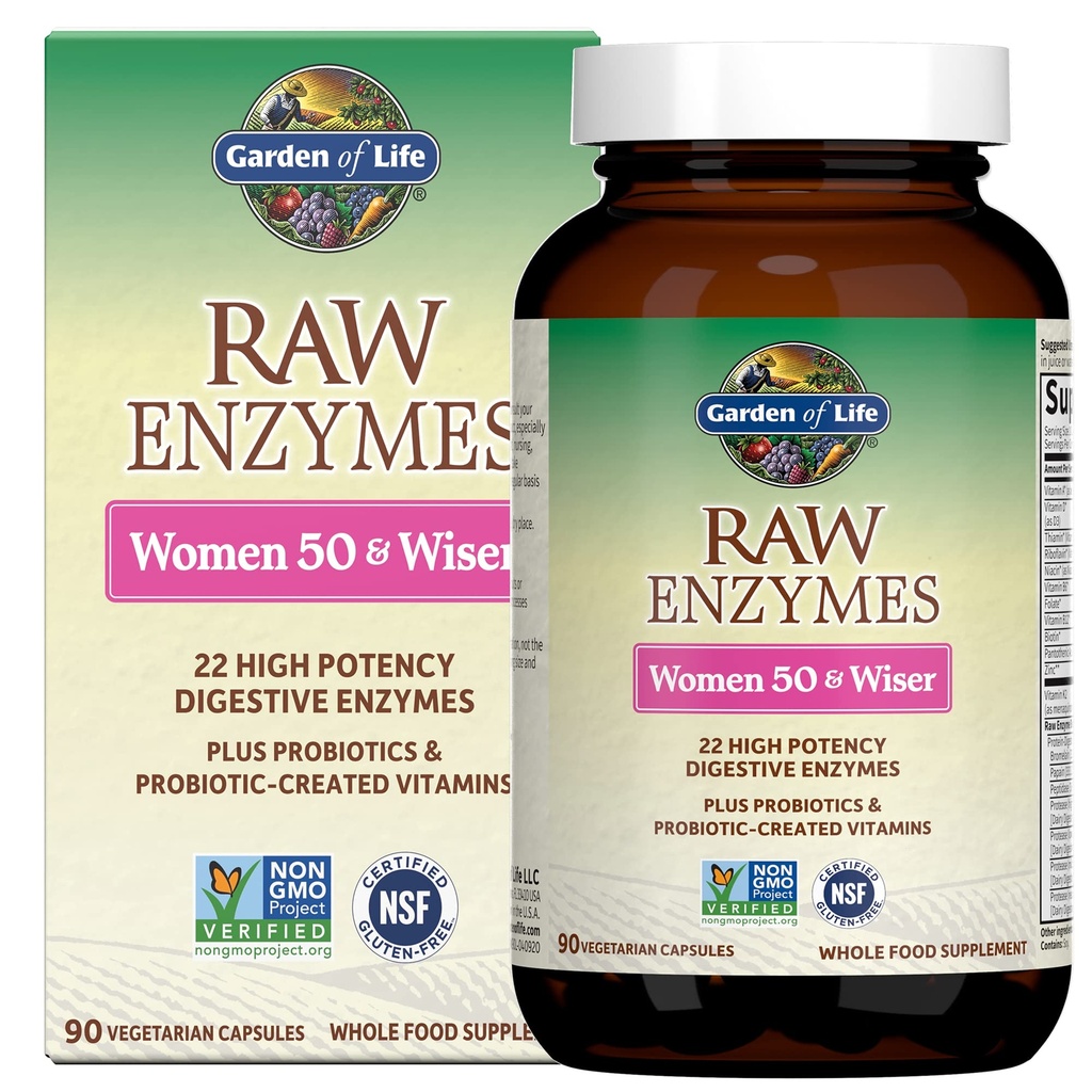 Vrt življenja 22 Prebavne encime za ženske 50 & Over with Bromelain, Papain & Lactase plus probiotiki & vitamini B12, Biotin & cink – RAW Enzymes – Non-GMO, Gluten-free, Vegetarian, 90 kapsul