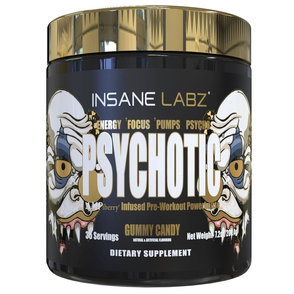Insane Labz Psychotic Gold, High Stimulant Pre Workout Powder, Extreme Trading Energy Focus, Črpalke in vzdržljivost z Beta Alanine, DMAE Bitartrate, NO Booster (35 Serving, Gummy Candy)