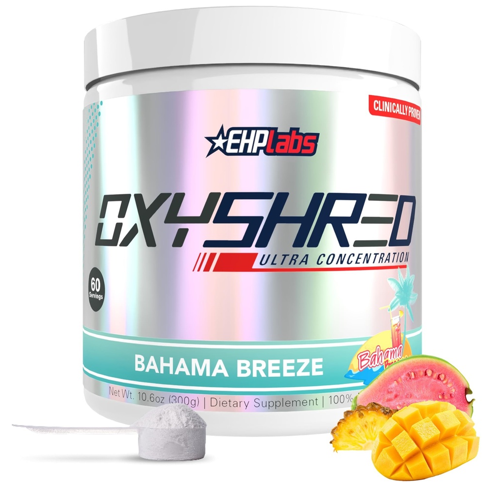 EHP Labs OxyShred Pre Workout Powder - Preworkout Powder z L Glutamin & Acetil L Karnitine, Energy Boost Drink - Bahama Breeze/Beach, 60 Servings