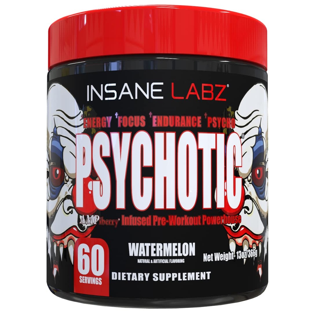 Insane Labz Psihotik, visoko stimulant pred vadbo v prahu, ekstremna trajna energija, fokus in vzdržljivost z beta alanin, kreatin monohidrat, DMAE, 60 Srvgs, lubenica