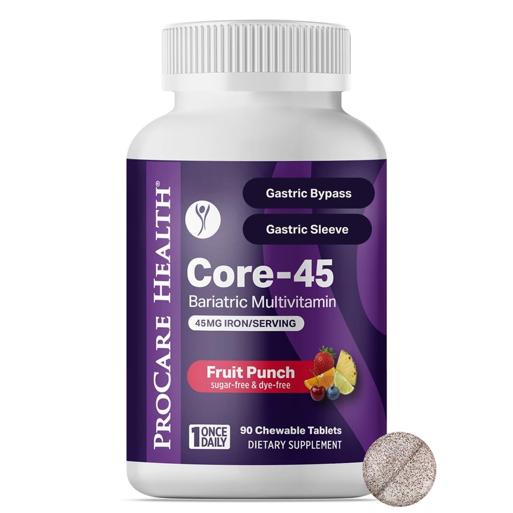 Procare Health Bariatrični multivitaminski z železom 45mg Žvečljive (30 tablet) - sadni punch arome bariatrične multivitaminske žvečljive tablete za želodčne bypass in rokavi Gastrectomy bolniki (01 Mesečna oskrba)