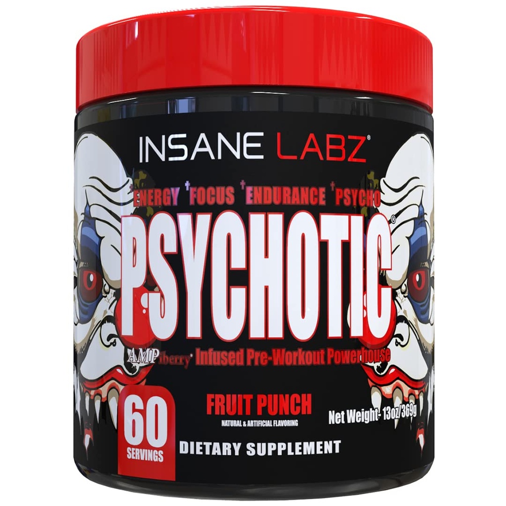 Insane Labz Psihotik, visoko stimulant pred vadbo prahu, ekstremna trajna energija, fokus in vzdržljivost z Beta Alanine, Kreatin monohidrat, DMAE, 60 Srvgs, Sadni Punch
