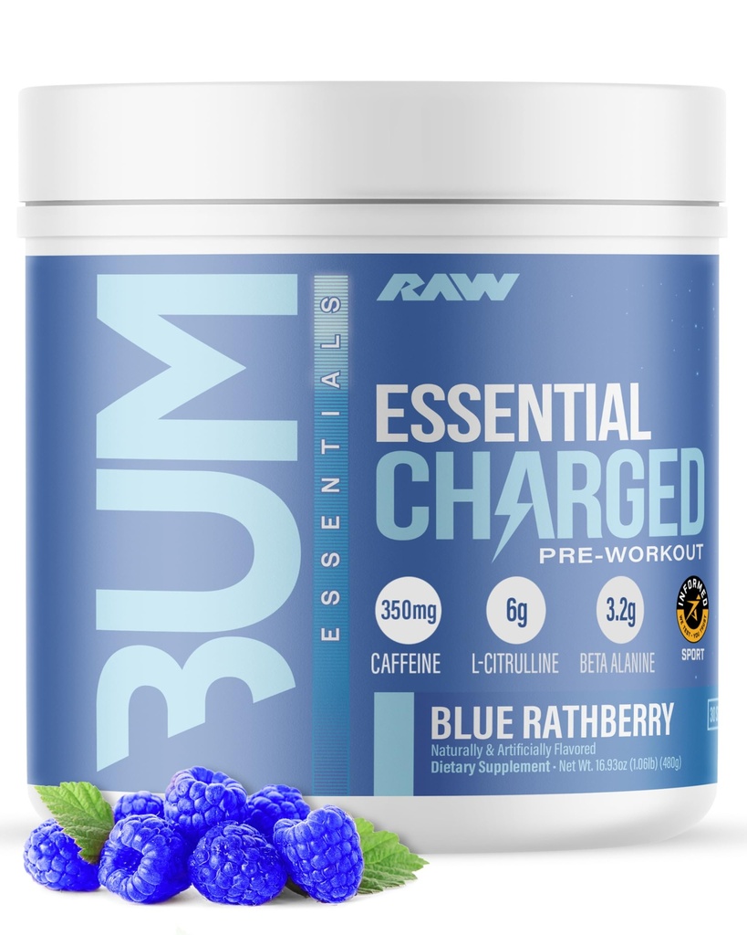 RAW Predworkout Powder, Essential CHARGED (modra rathberry) - Preworkout dodatek za moške in ženske - podpira fokus, razpoloženje, & zmogljivost - kofein, alfa-GPC, L-citrulin, Beta Alanine (25 strežb)