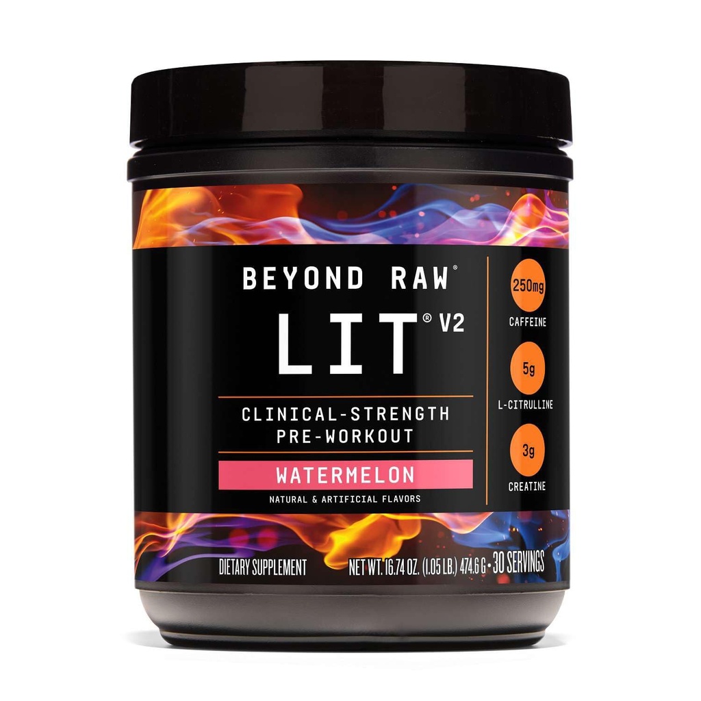 BEYOND RAW LIT V2 Klinična moč Pred vadbo Prašek, Hits težje, Večje črpalke, kofein, L-citrulin, Kreatin, lubenica, 30 Servingi