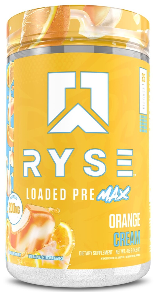 Ryse naložen pred Max Pre Workout Powder - oranžna krema - 300mg dvofazni kofein za trajno energijo za moške in ženske - L-citrulin, PeptiPump & Alpha-GPC za moč, črpalke in fokus - 25 Serving