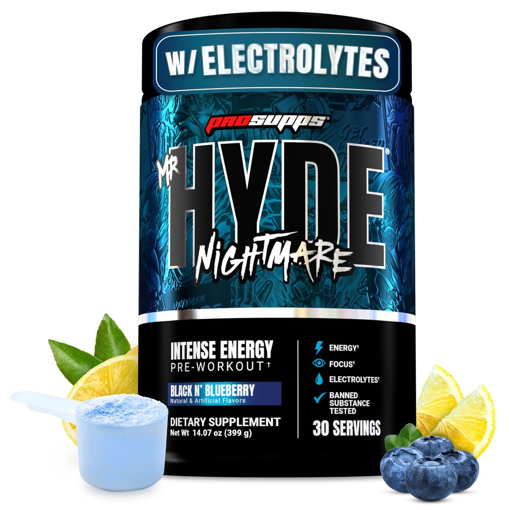 ProSupps Hyde Nightmare Pre Workout Powder s kofeinom in beta alanino - Preworkout za intenzivno energijo, mentalno osredotočenost in zmogljivost - Gym & Fitness dodatki (Black N' Blueberry, 30 Servings)